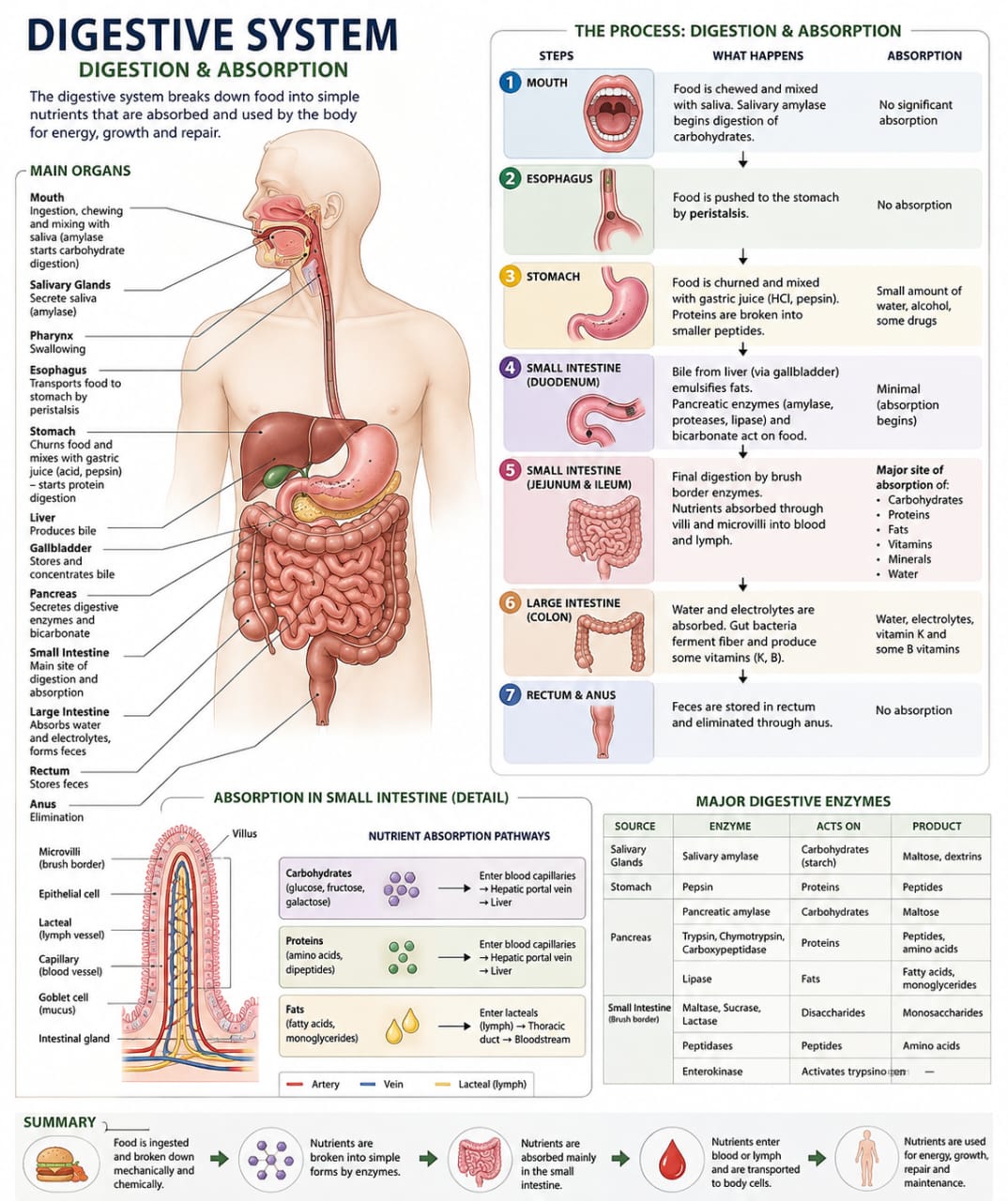 Digestive system overview showing main organs, the digestion and absorption process step by step, nutrient absorption pathways in the small intestine, and major digestive enzymes